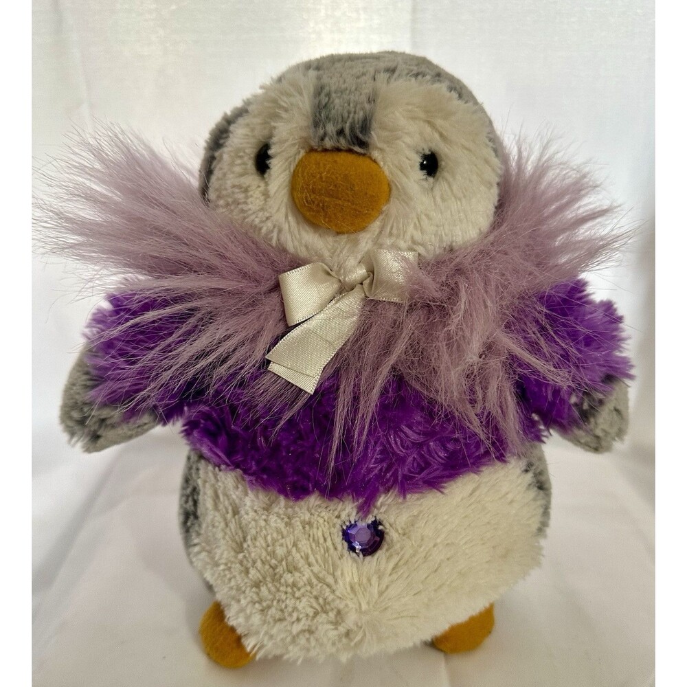 Aurora Penguin Purple White Grey Plush Stuffed Animal Size 9" Gem Belly Button